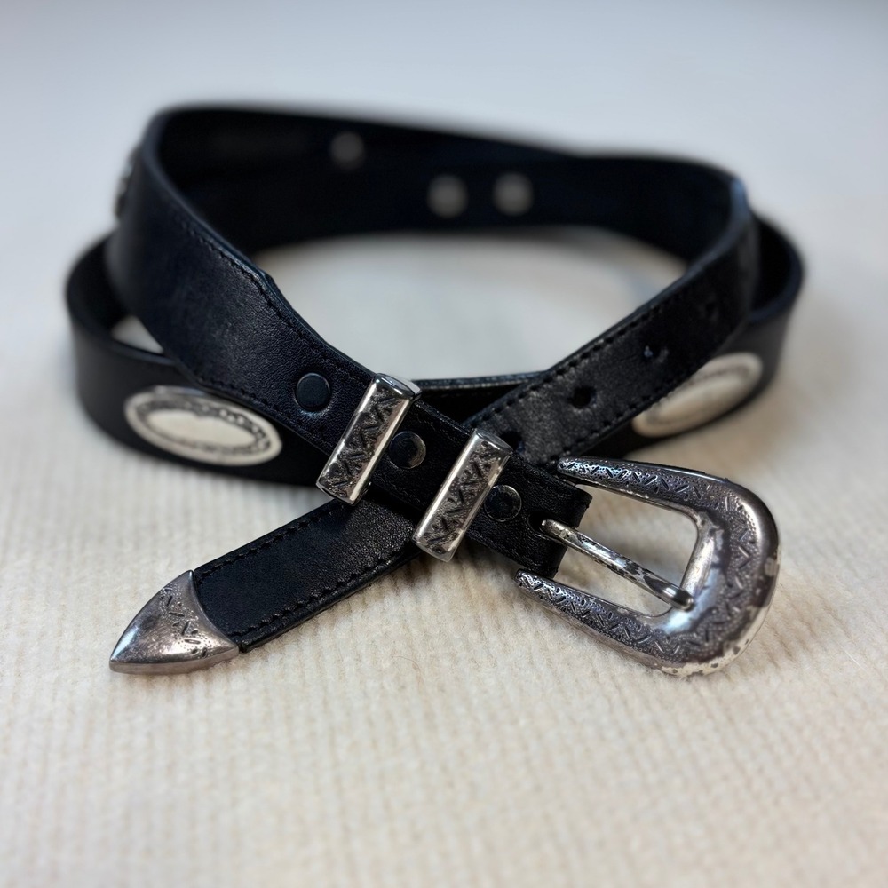 Brighton Mens Vintage Black Leather Western Concho Belt Silver Hardware 42 30103